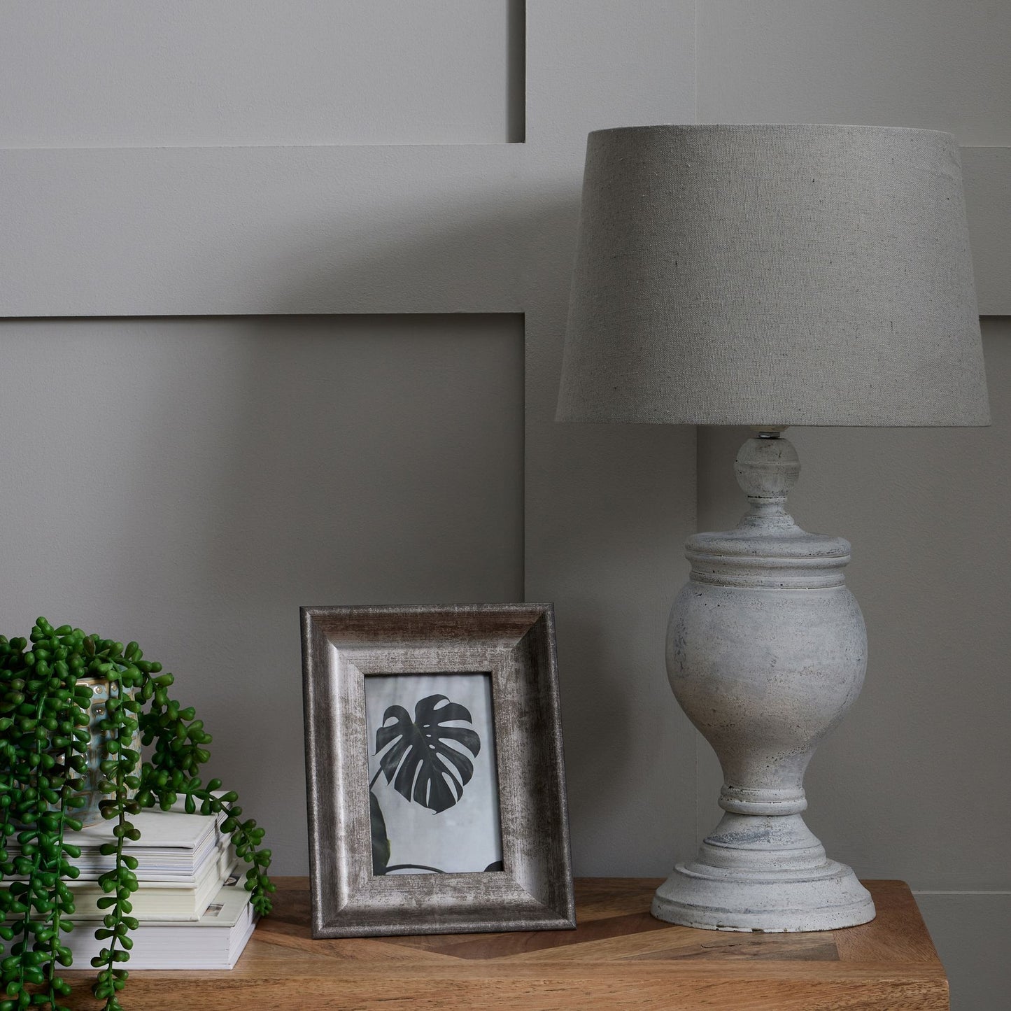 Light Grey Washed Wooden Table Lamp With Linen Shade MH18552