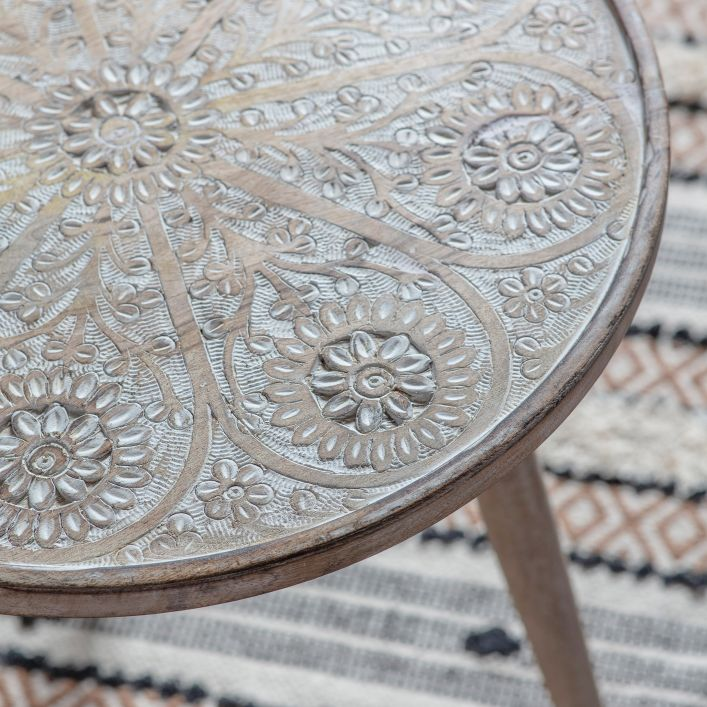 Hand Carved Bohemian White Washed Side Table MMG5059413391989