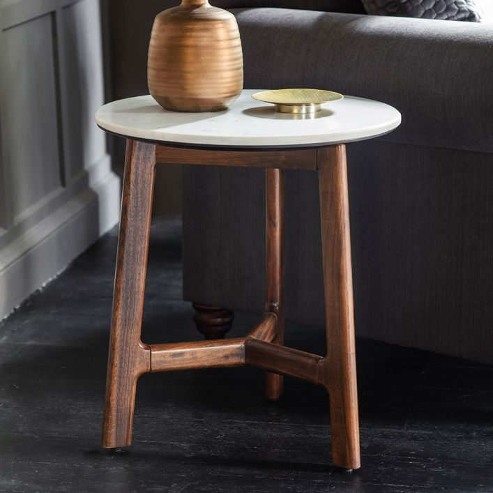 Mid Century Design Walnut Side Table With Solid White Marble Top MMG5056272006573